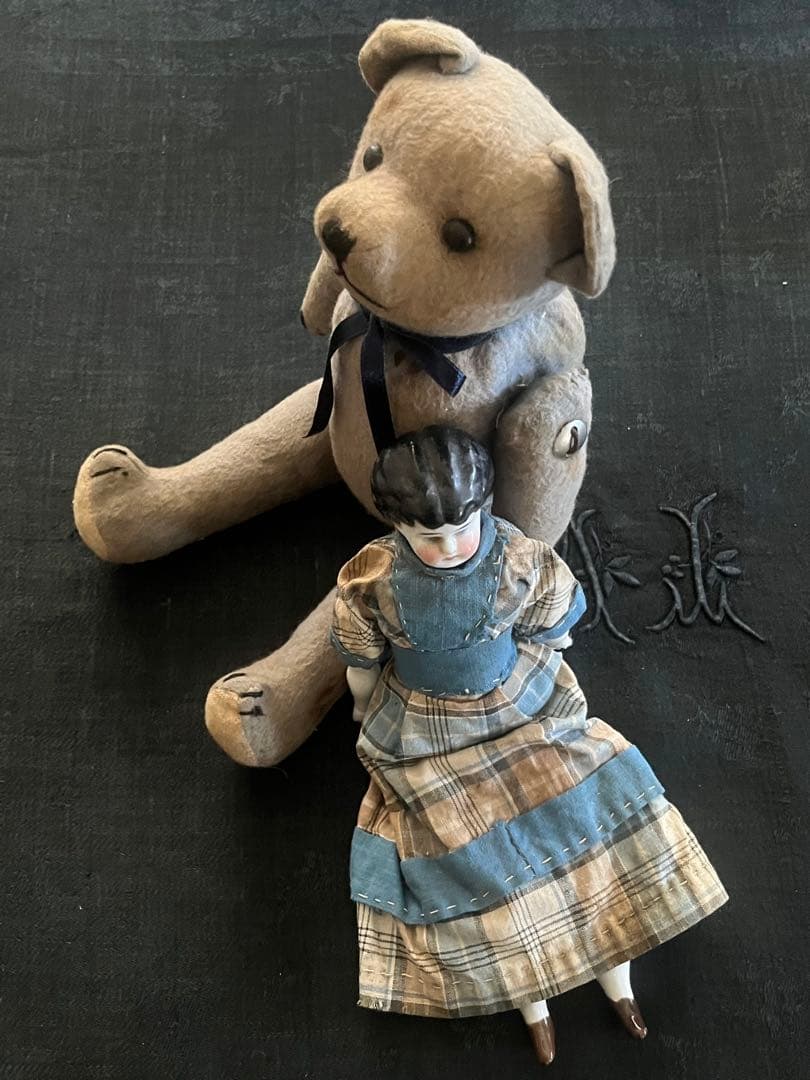 アンティークヴィンテージテディベア ぬいぐるみ陶器人形フランスレースボタンセット