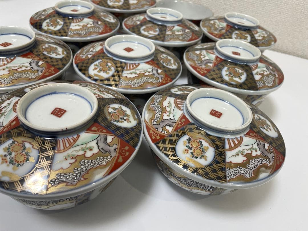 【現状品】有田焼 古伊万里焼 蓋付碗 煮物椀 汁椀 飯碗 10客 蓋9枚 レトロ
