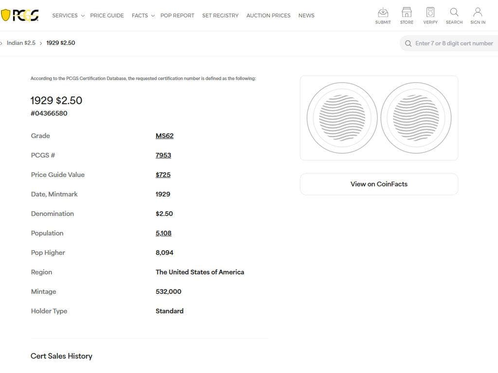 1929年 米国 インディアンヘッド ＄2.5クオーター金貨 PCGS MS62