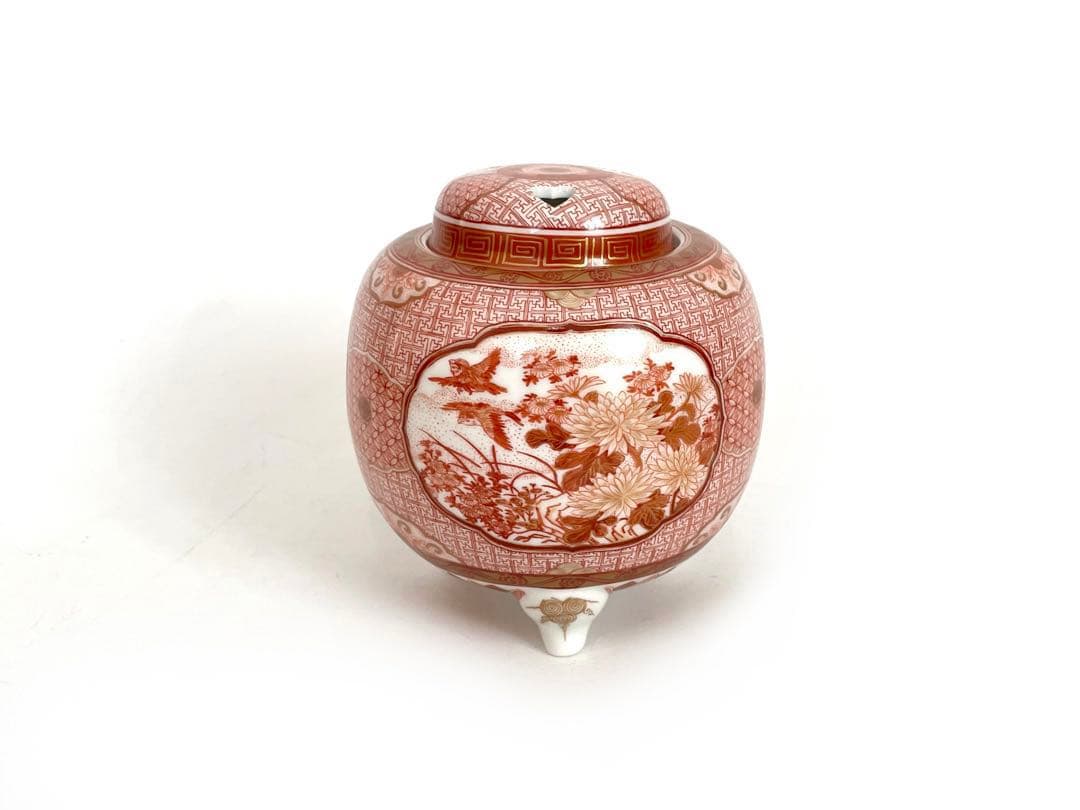 陶芸家　福島武山　九谷焼　細密赤絵　三つ足　香炉　香爐　鳳凰　菊　大黒　箱なし