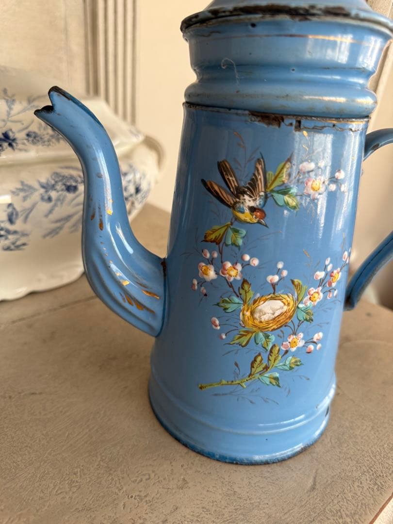 フランスアンティークエトワール社レア！小鳥と小鳥の巣ハンドペイントホーローポット