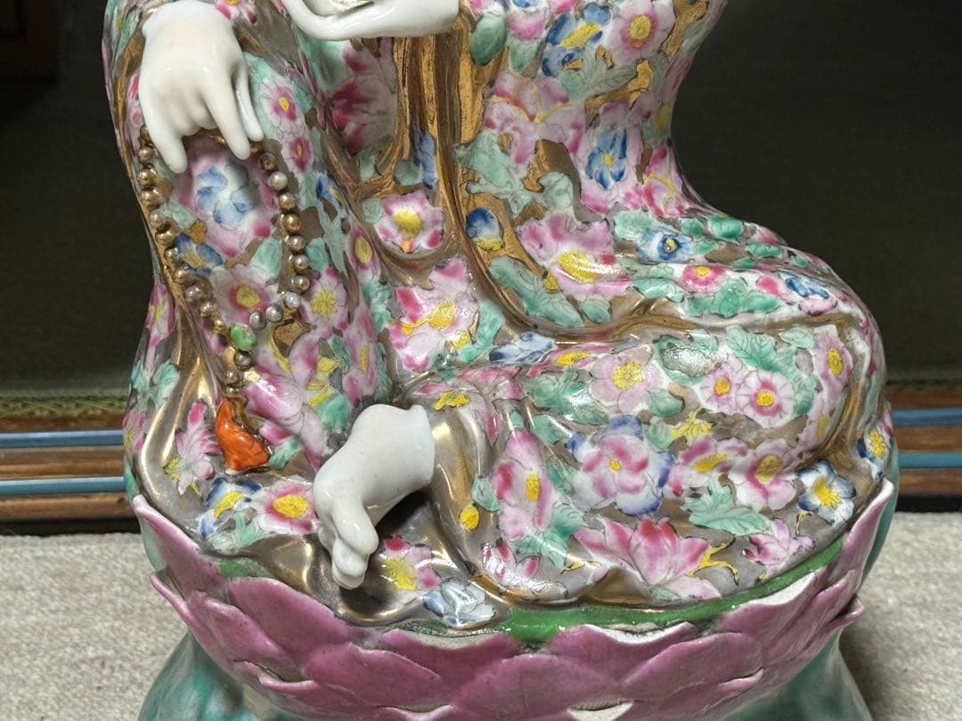 中国　景徳鎮1950年代製　浄瓶観音像　高さ約51.3cm 粉彩　送料込1218