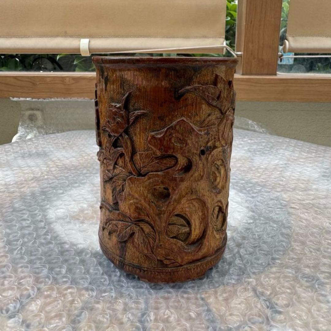 中国美術　竹製彫刻　筆立　筆筒　置物　骨董