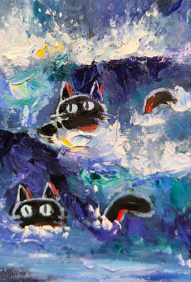 「波猫」　油絵　真作　原画　絵画　手描き
