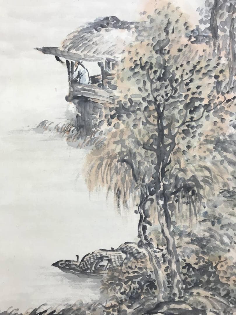 真作/山下竹斎/江水秋晩/山水人物/山水図/秋景山水図/名家伝来/AD-960