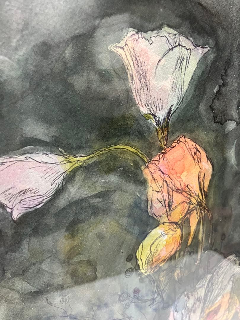 水彩画 花瓶と花 フレーム付きオフホワイトフレーム　アートインテリア