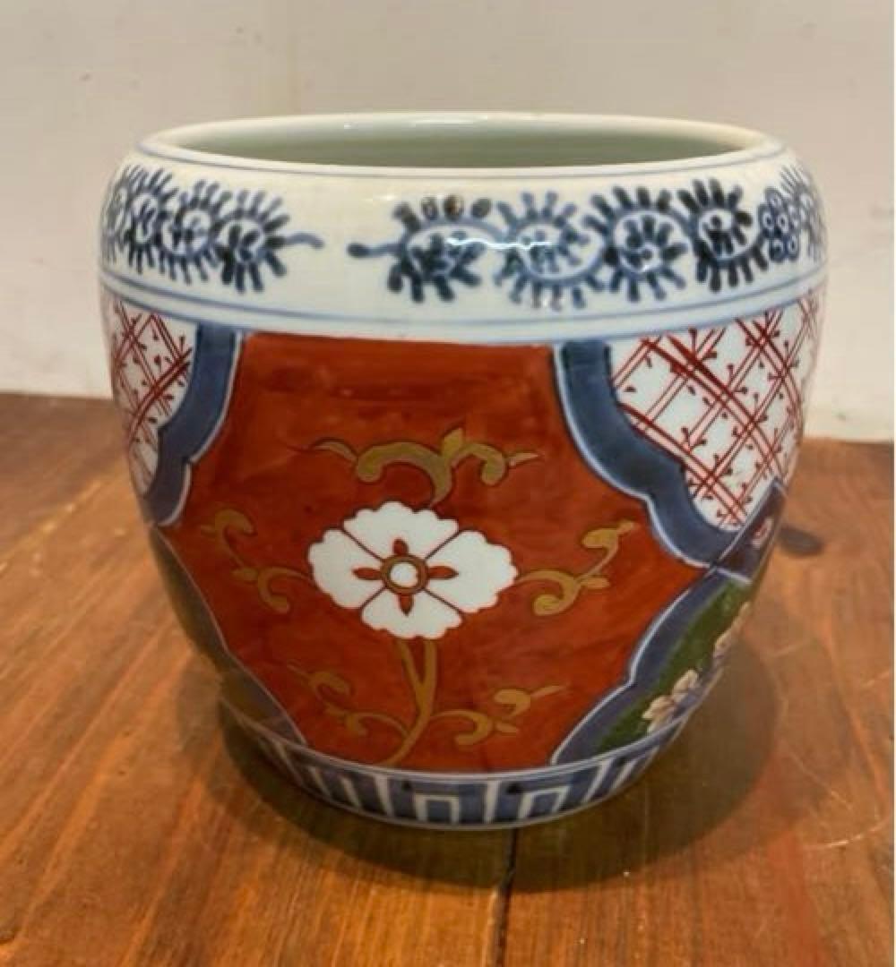 美品　伊万里　色絵　草花丸文　冨貴長春　鉢　火鉢　絵柄が華やかな