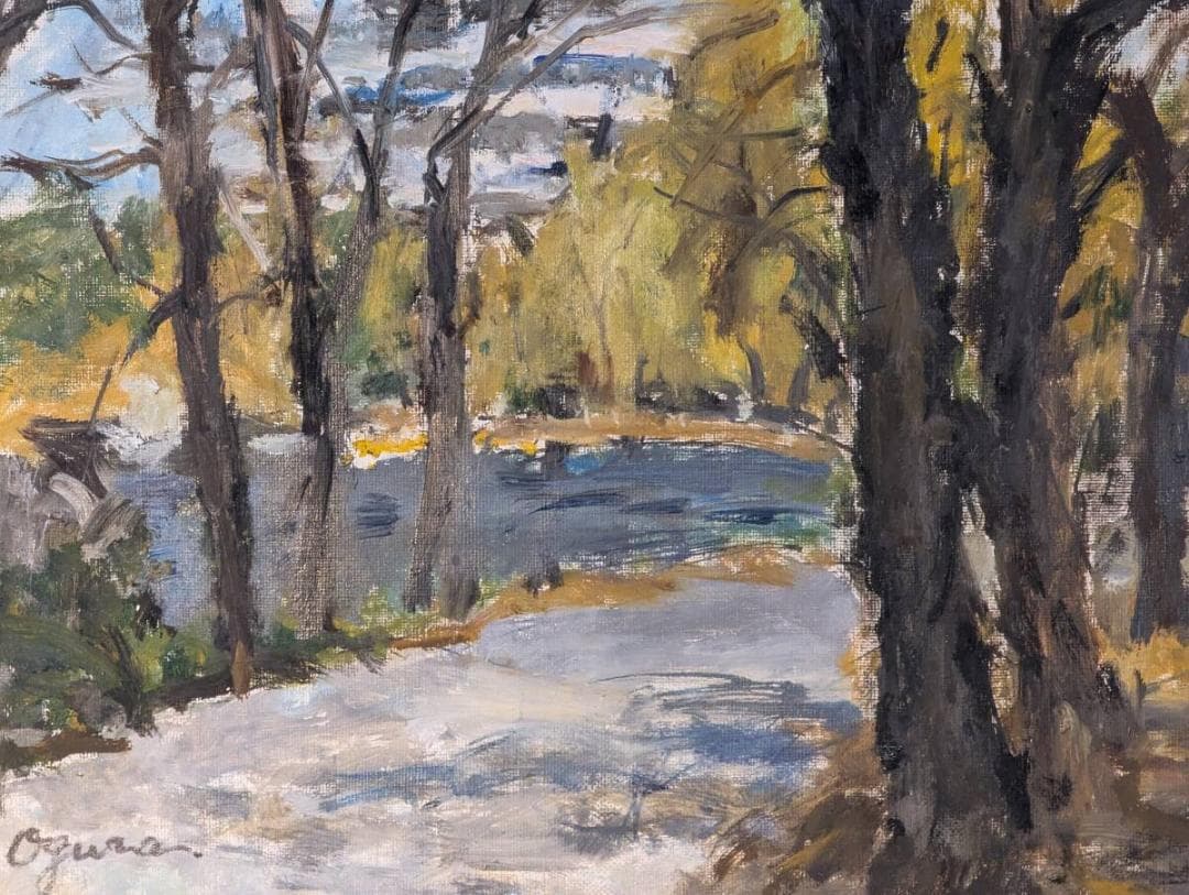 【真作】絵画　油彩8号　木洩れ日の小径　静かな風景　印象派風アート　Z76