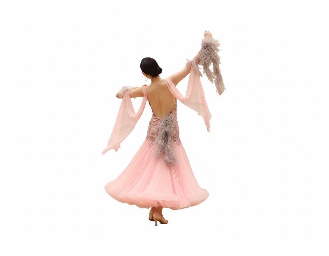 ピンク社交ダンススタンダードドレス グレーオーストリッチ付き