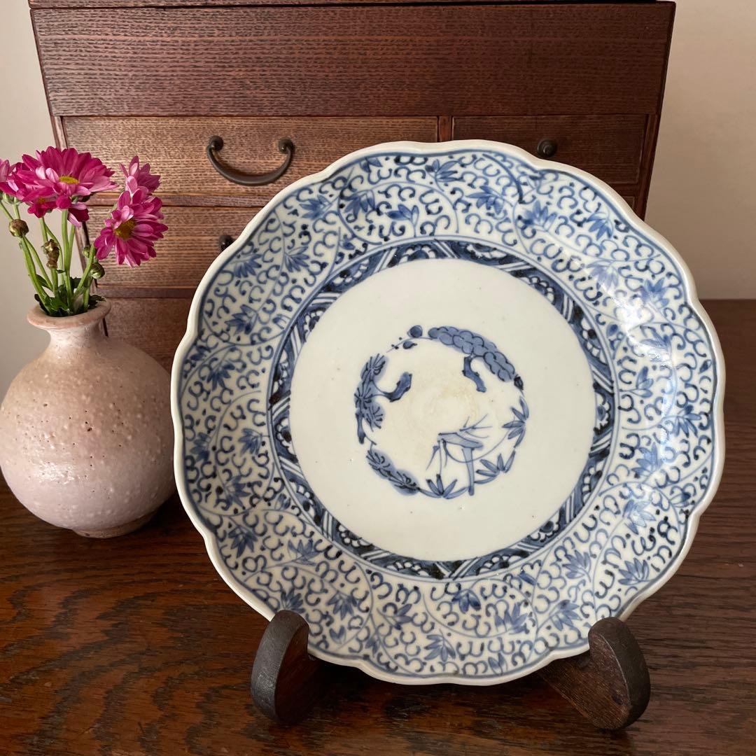 古伊万里　微塵唐草図　染付　なます皿　輪花　松文様　中皿