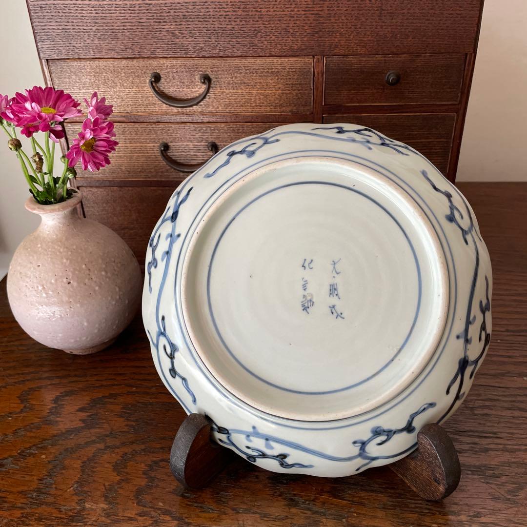 古伊万里　微塵唐草図　染付　なます皿　輪花　松文様　中皿