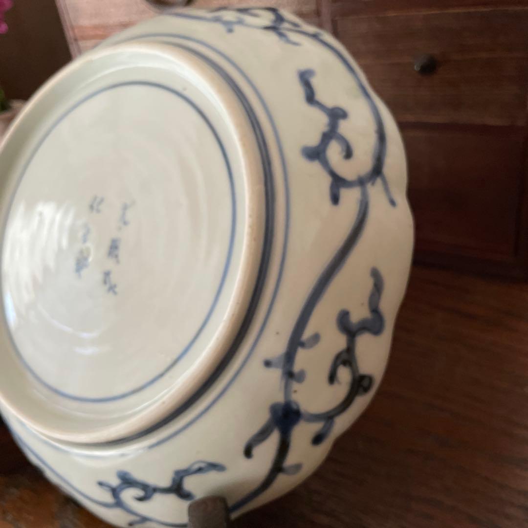 古伊万里　微塵唐草図　染付　なます皿　輪花　松文様　中皿