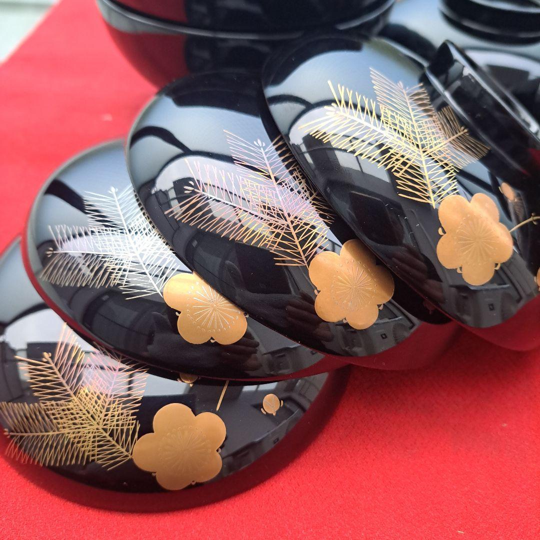 【越前\"河和田漆器　松竹梅\"蒔絵御吸物椀×5客】天然木製　祖雅堂　未使用/長期