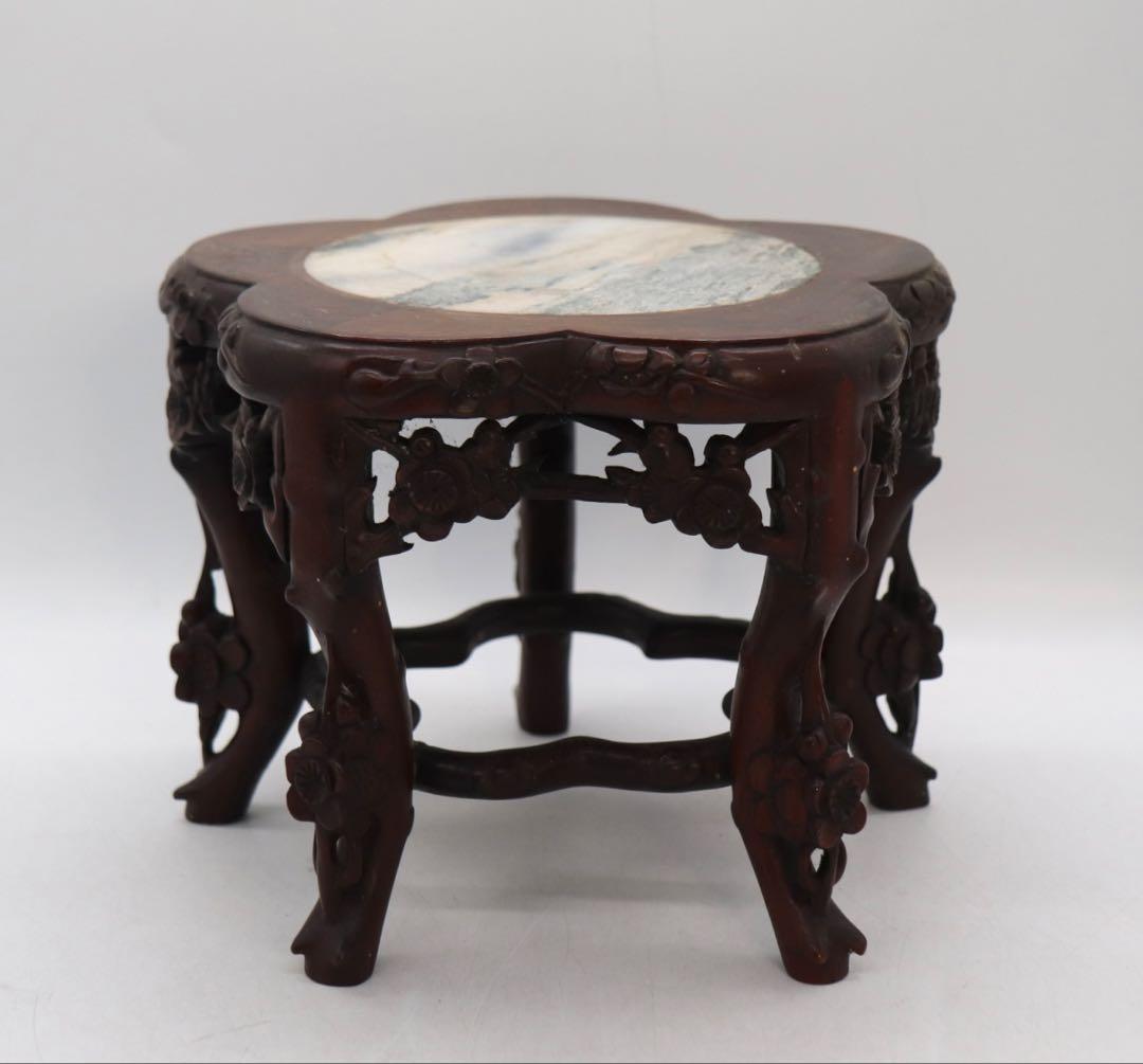 中国　梅彫　大理石嵌唐木花台　茶道具　送料込み260113