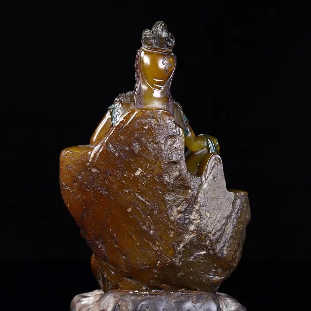 中国古美術・旧蔵寿山石田黄【観音赐福】像飾り・観音仏像 ・箱付・手彫り・聚財置物