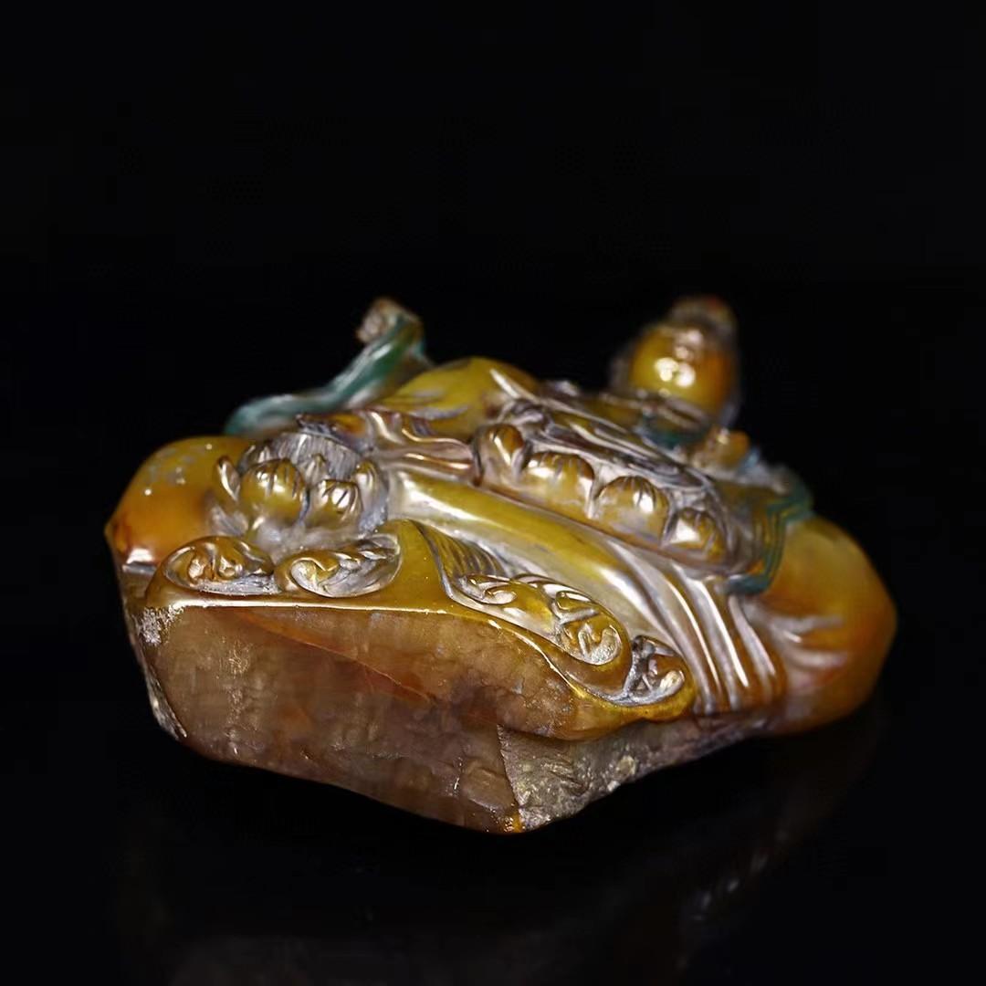 中国古美術・旧蔵寿山石田黄【観音赐福】像飾り・観音仏像 ・箱付・手彫り・聚財置物