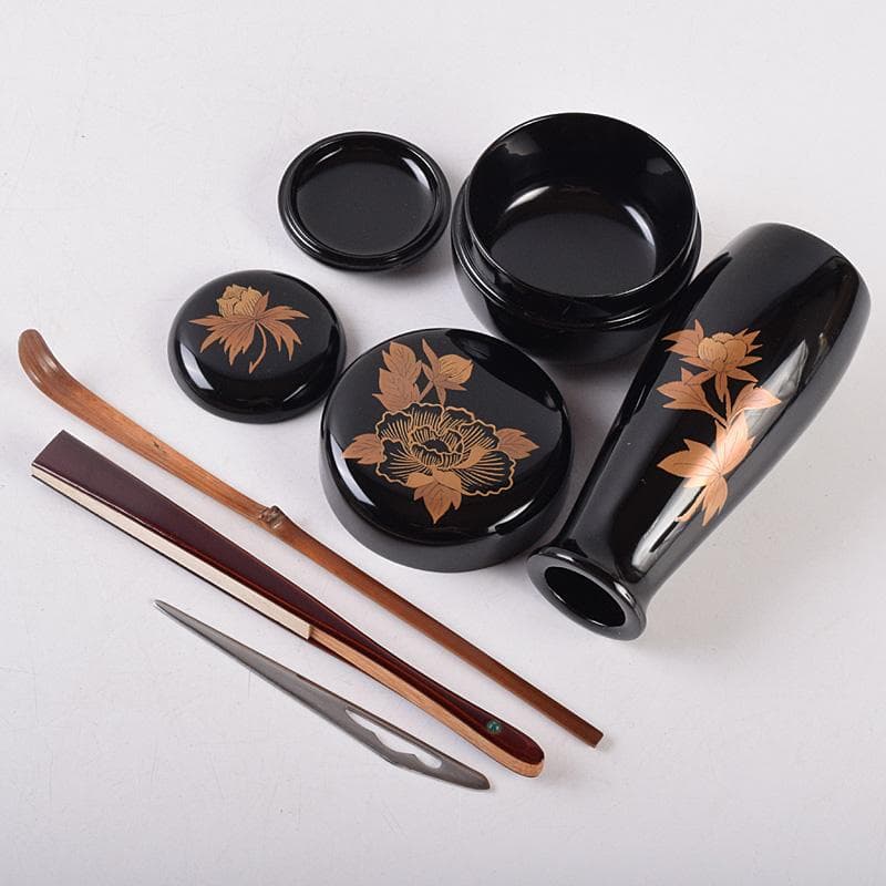 美子銘　扇蒔絵　茶箱　五良太甫呉祥瑞造　染付　振出など　十一点　M　R9008