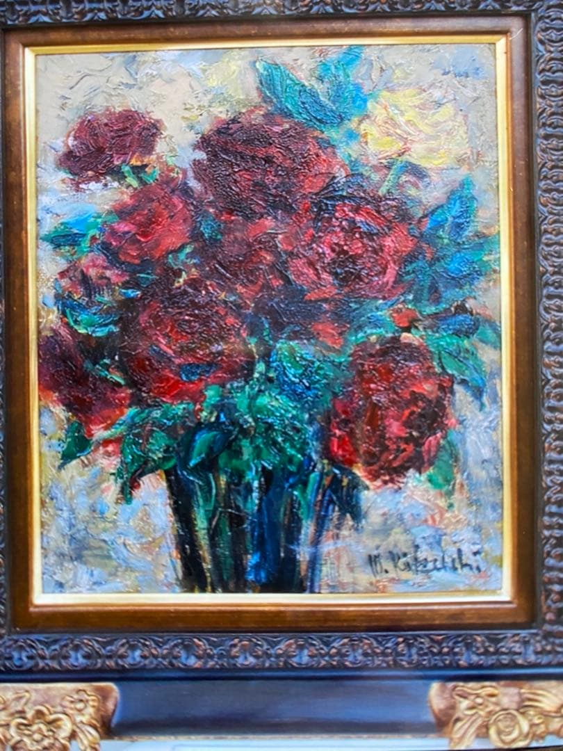 菊地正則　「ばら」(黒真珠 )を描いた油彩画　油絵パリ真作ゴージャス　美しい青！