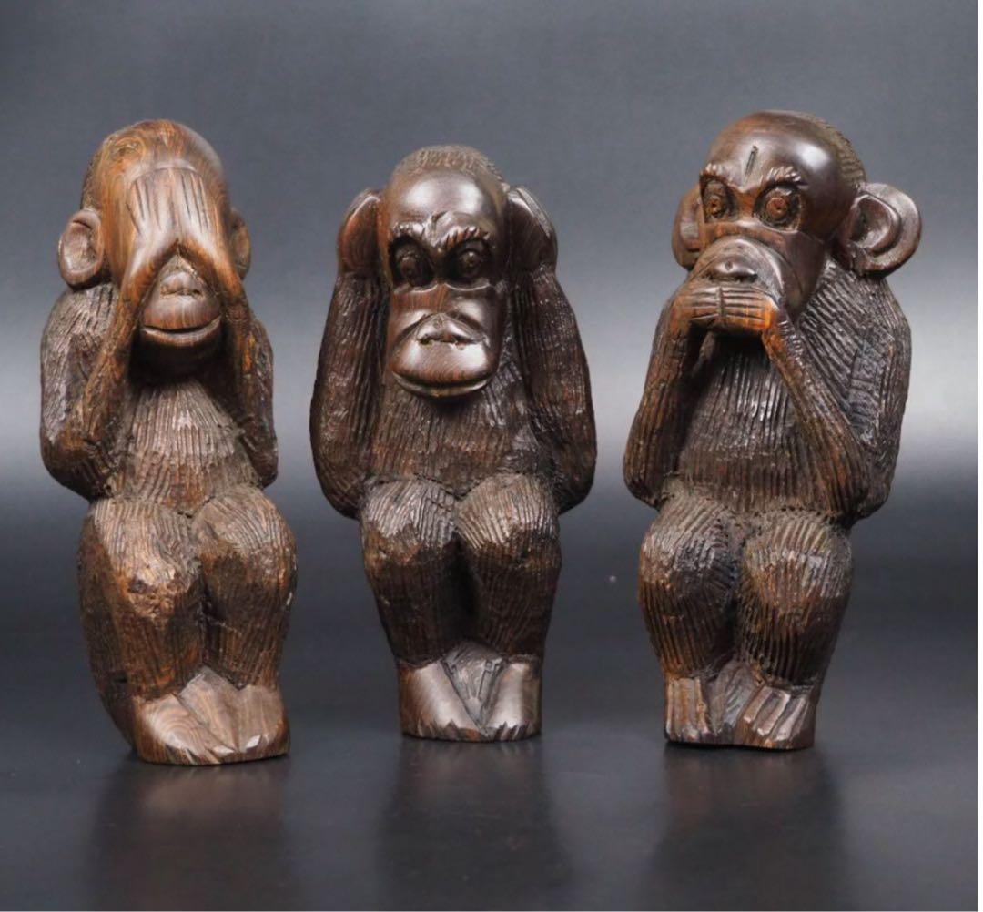 送料無料　木彫 唐木鉄刀木製三猿置物　高さ約17cm
