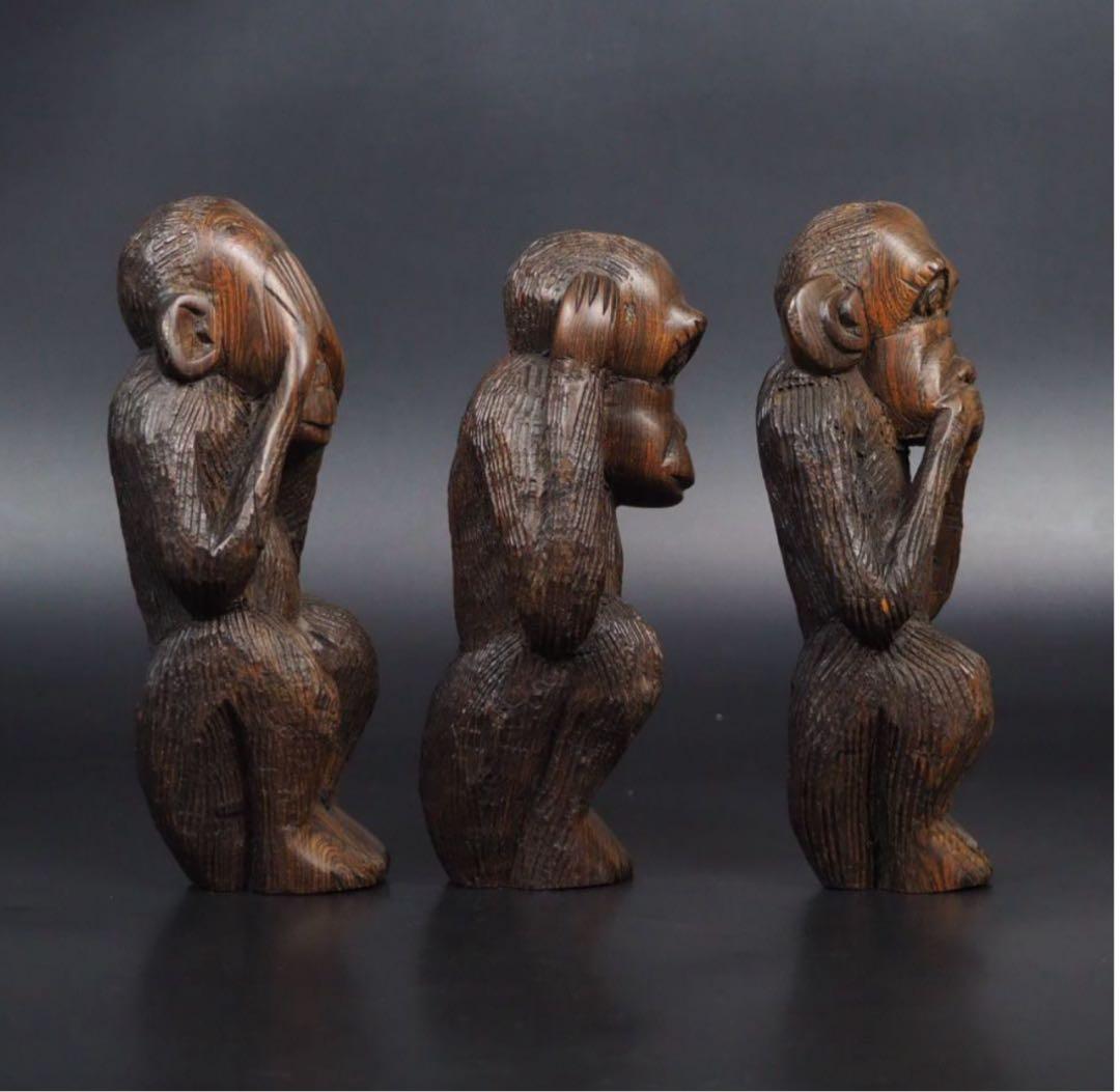 送料無料　木彫 唐木鉄刀木製三猿置物　高さ約17cm
