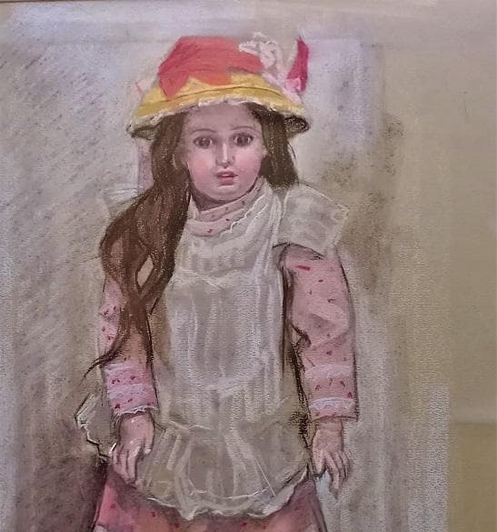 小島俊男　タイトル「人形」　パステル画　サインあり　金縁額装　黄袋、専用箱付き