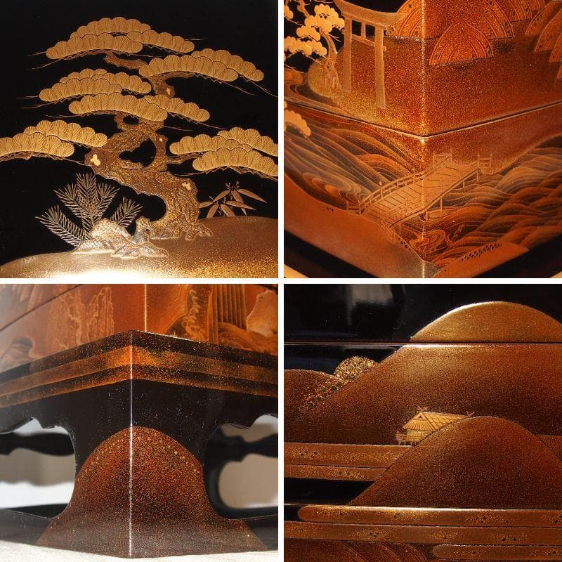 【最高級・極美品】輪島塗 漆芸/堀忠 山水蒔絵 四段重箱 台付き お重/弁当箱