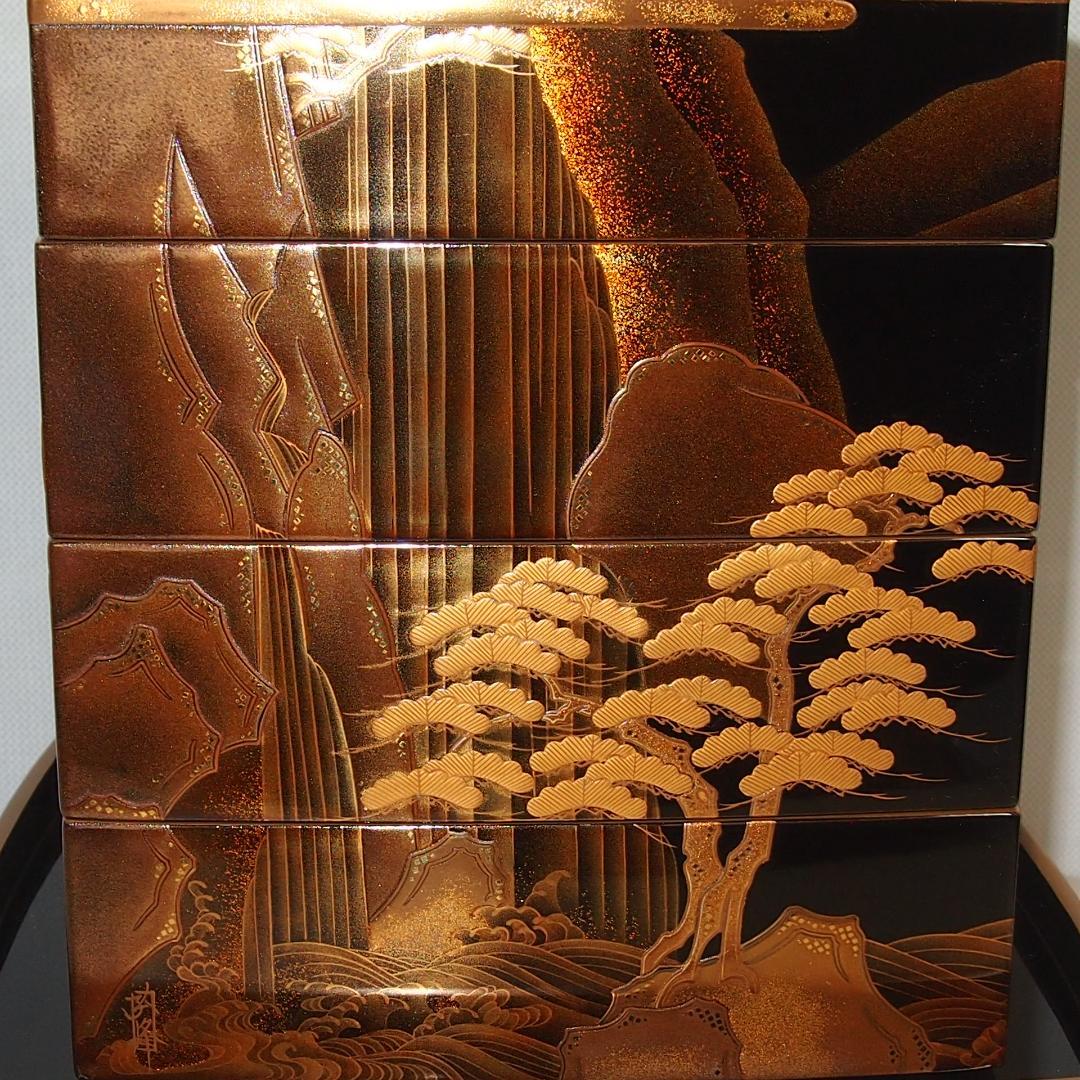 【最高級・極美品】輪島塗 漆芸/堀忠 山水蒔絵 四段重箱 台付き お重/弁当箱