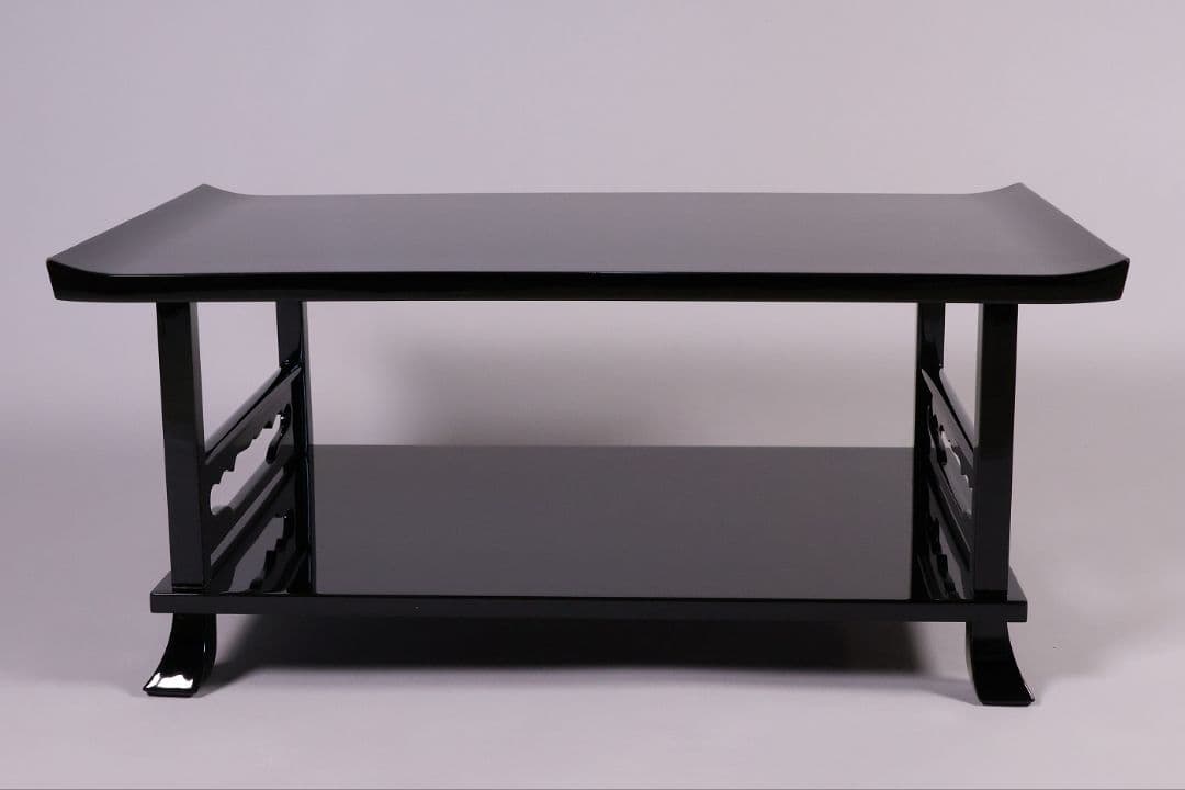 輪島塗 黒塗 二段卓 冠卓 幅52.7×32cm 木製 花台 漆芸【MA938】