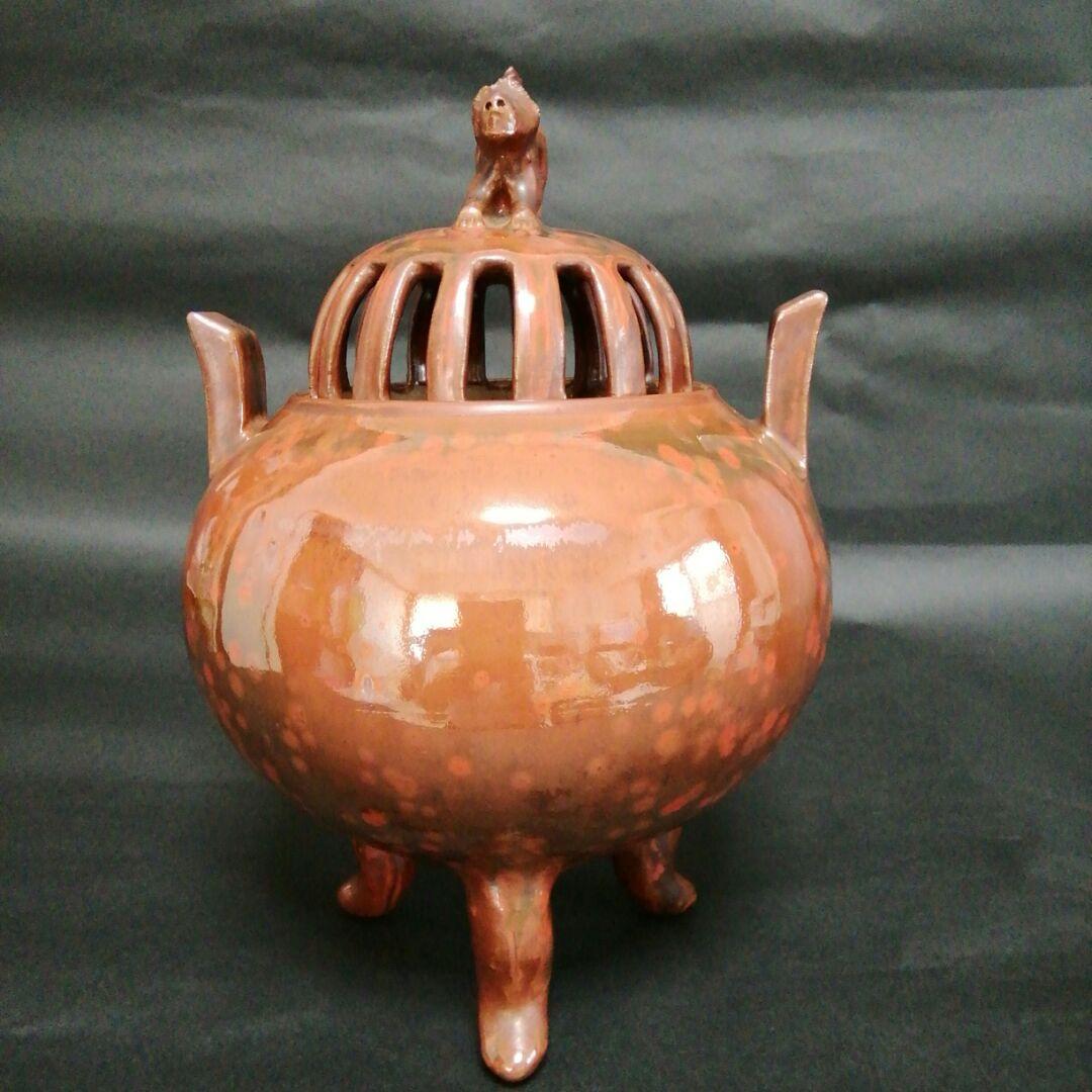 香炉　未使用　宝珠焼　柿釉耳付獅子香炉　桐箱付き（合わせ箱)　　昭和レトロ