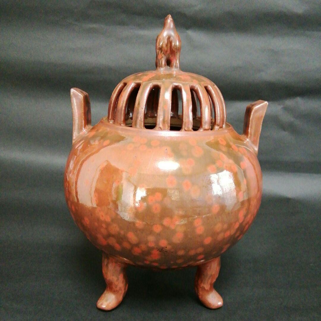 香炉　未使用　宝珠焼　柿釉耳付獅子香炉　桐箱付き（合わせ箱)　　昭和レトロ