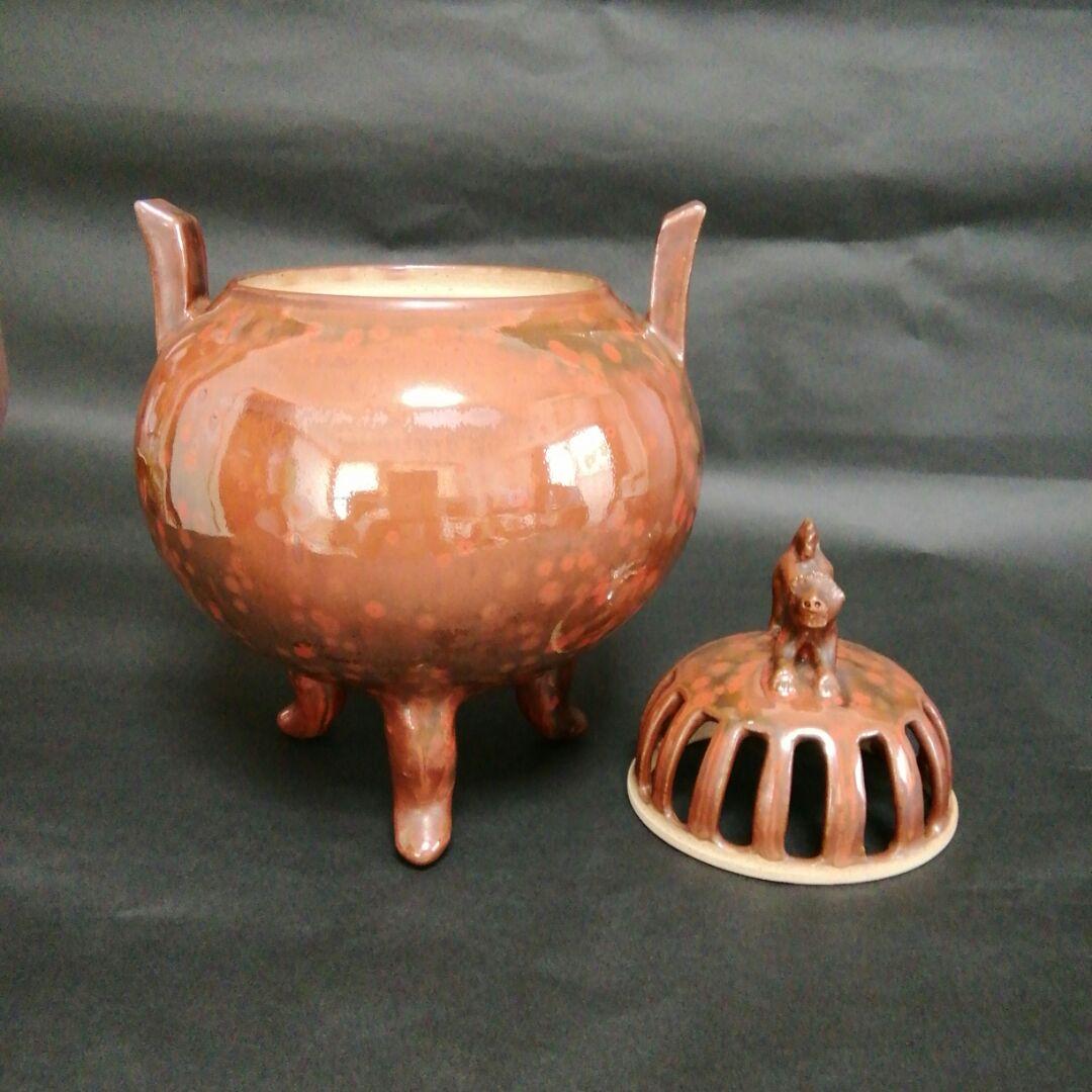 香炉　未使用　宝珠焼　柿釉耳付獅子香炉　桐箱付き（合わせ箱)　　昭和レトロ