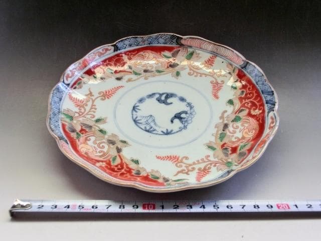 皿■赤絵松竹梅花弁型花唐草紋中皿 花鳥紋(江戸期)古美術 時代物 古い骨董品■