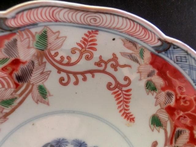 皿■赤絵松竹梅花弁型花唐草紋中皿 花鳥紋(江戸期)古美術 時代物 古い骨董品■