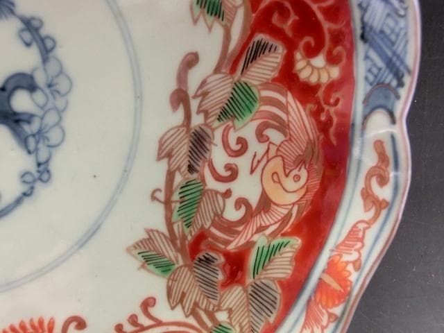 皿■赤絵松竹梅花弁型花唐草紋中皿 花鳥紋(江戸期)古美術 時代物 古い骨董品■