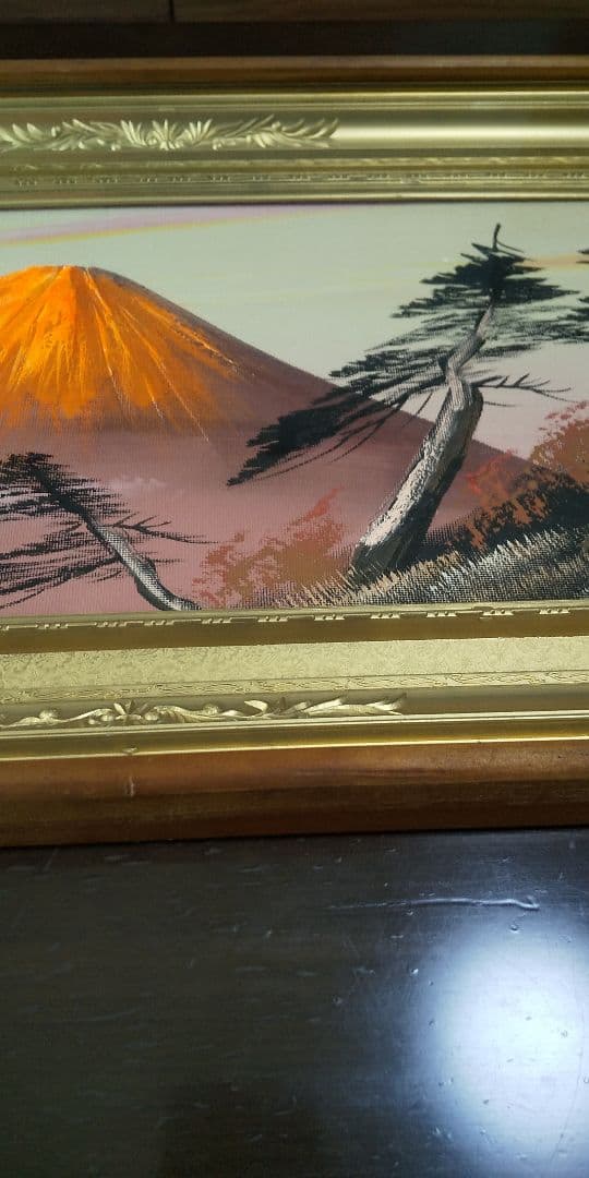 【風景画/富士山】赤富士　油絵　油彩画　立体画　インテリア　額装　額縁　置物