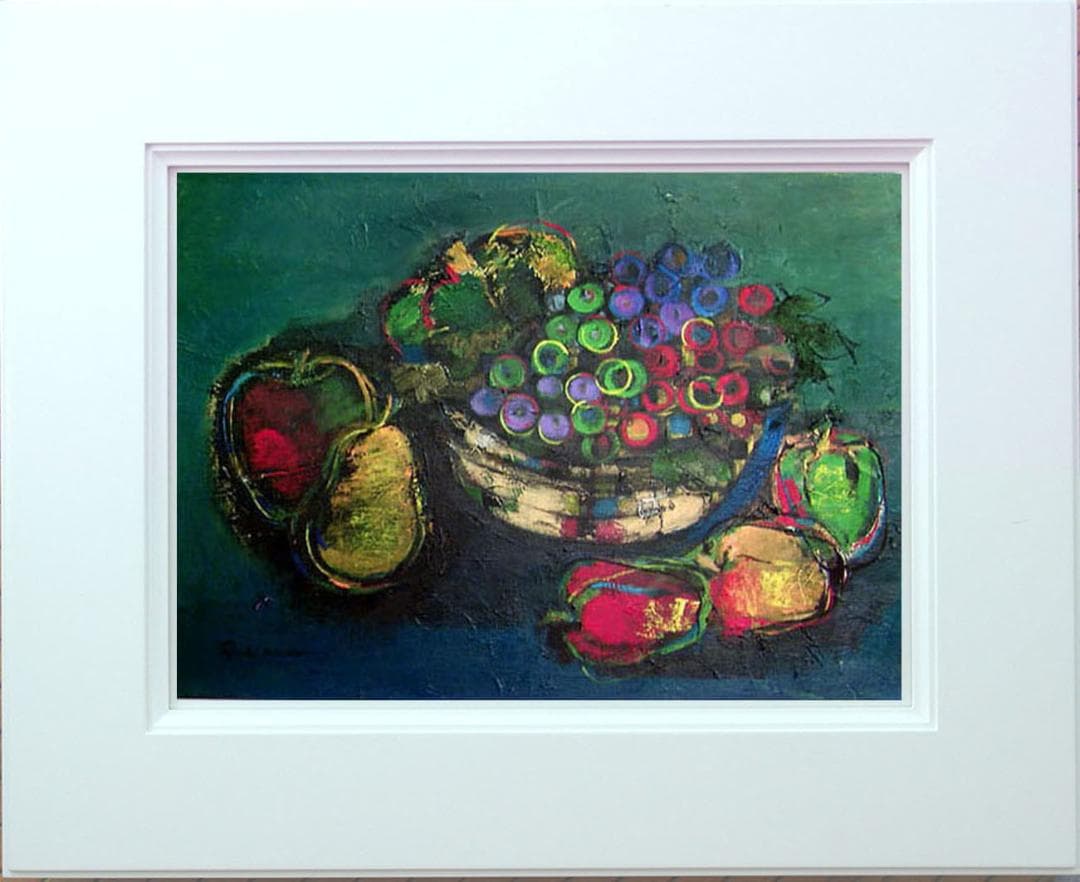 油絵 菅家令子 絵 絵画インテリア額付(青緑＋金色の枠)uF6-061304果物