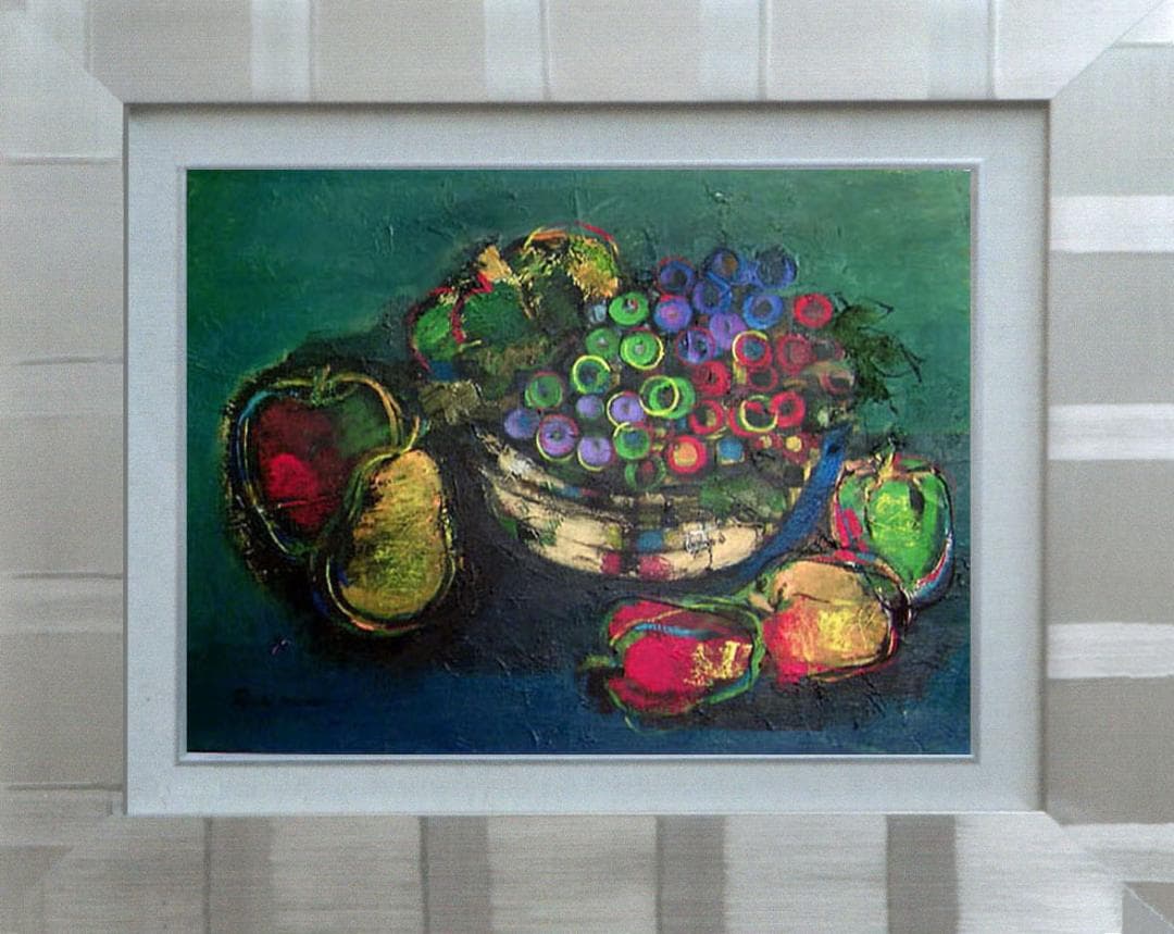 油絵 菅家令子 絵 絵画インテリア額付(青緑＋金色の枠)uF6-061304果物