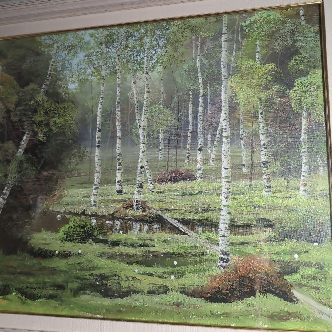 【油彩画】早瀬遼　作　白樺林　肉筆画　F10 新緑美しく春〜夏に運気向上する作