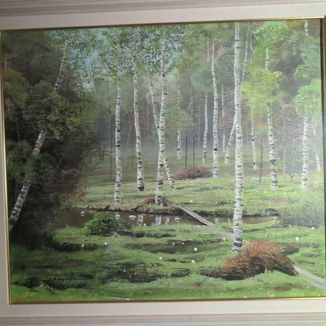【油彩画】早瀬遼　作　白樺林　肉筆画　F10 新緑美しく春〜夏に運気向上する作