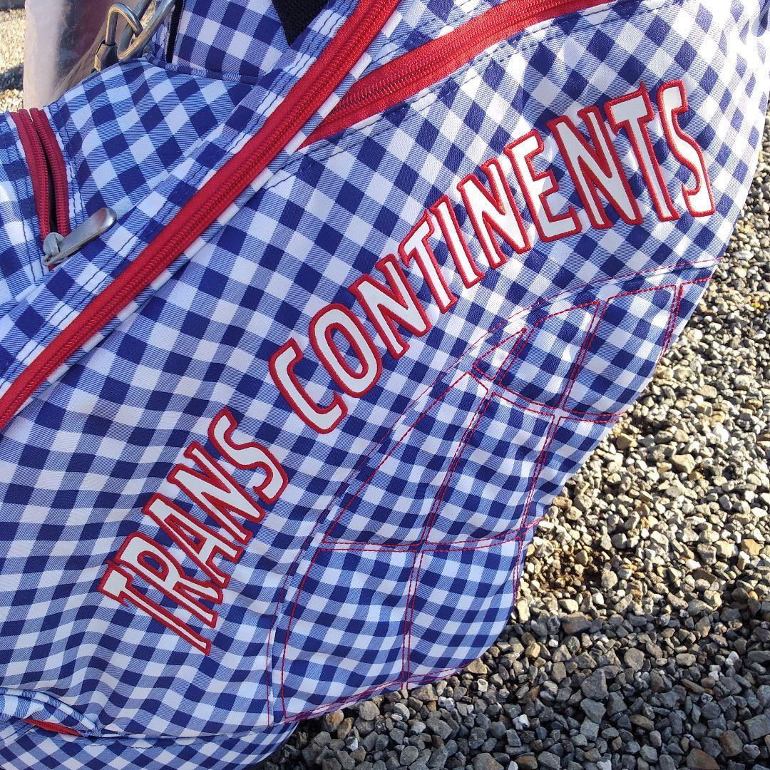 トランスコンチネンツ　キャディバッグ　スタンド式　チェック　青✕赤　中古