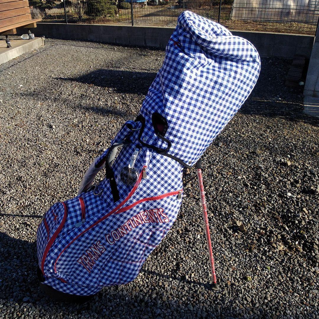 トランスコンチネンツ　キャディバッグ　スタンド式　チェック　青✕赤　中古
