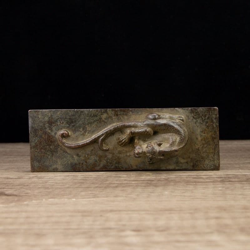 銅製 瑞獣双竜鎮尺 圧紙 文房四宝 書道具 装飾品 工芸品 置物