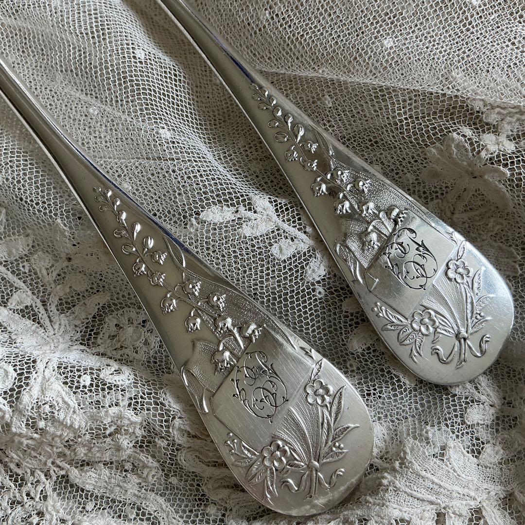 【C-４】フランスアンティーク　すずらん　スプーン＆フォーク　1組　モノグラム