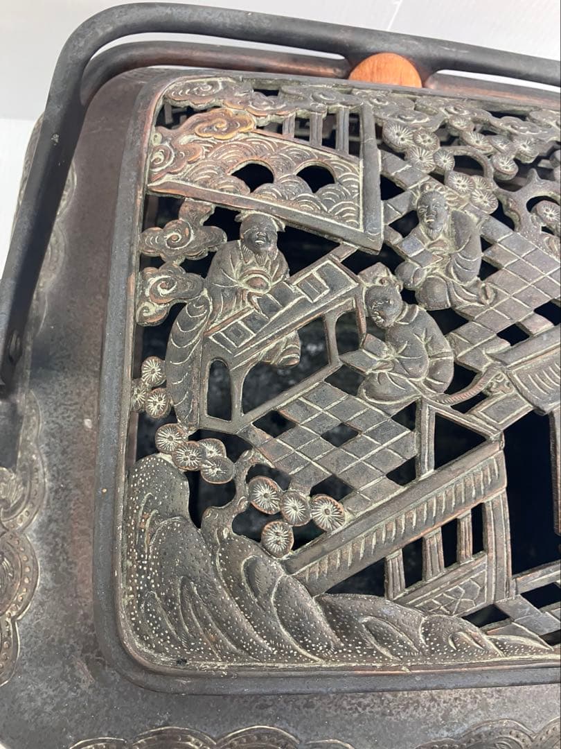 【5.8kg重厚】大明宣徳年製刻印 大型 銅製手炉 浮彫 透かし蓋 香炉 骨董品