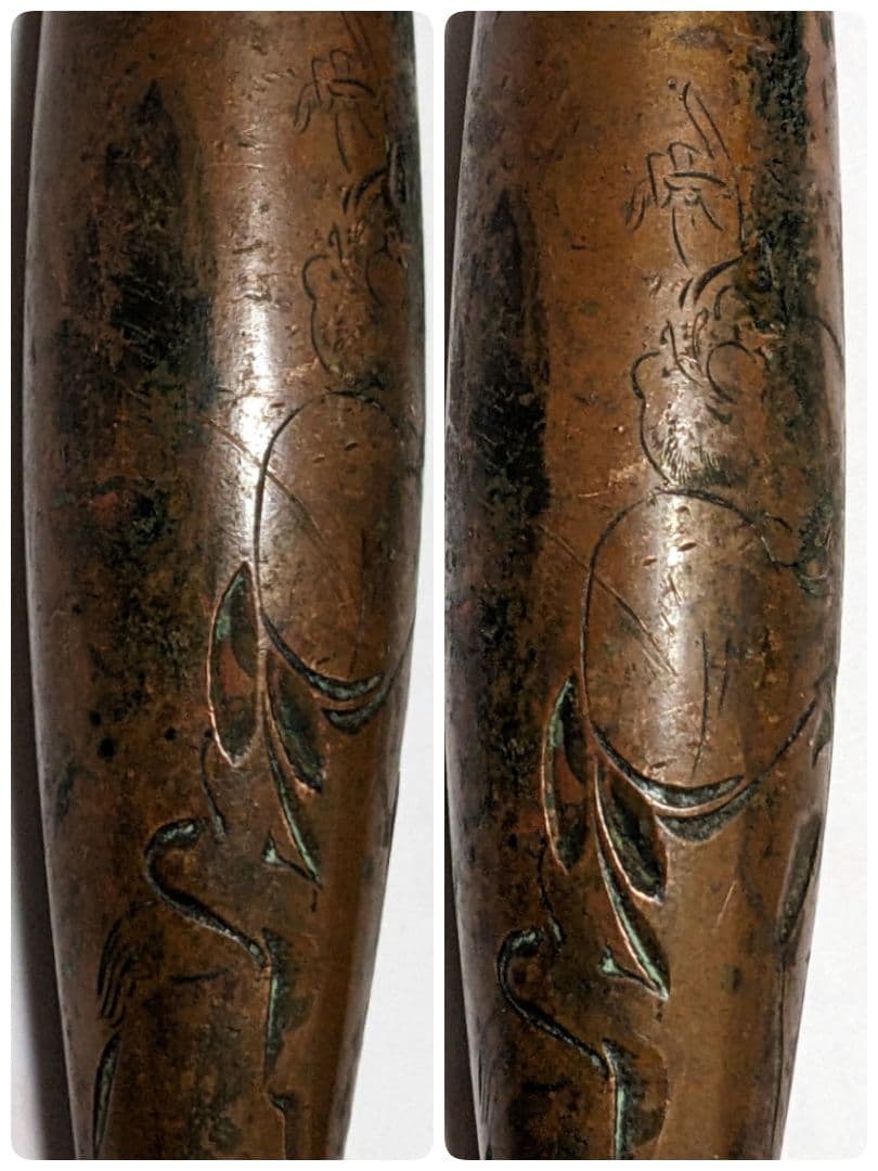 ♦明治時代 時代物 喧嘩煙管 蝙蝠 七福神 布袋図 片切彫り骨董品 喫煙具