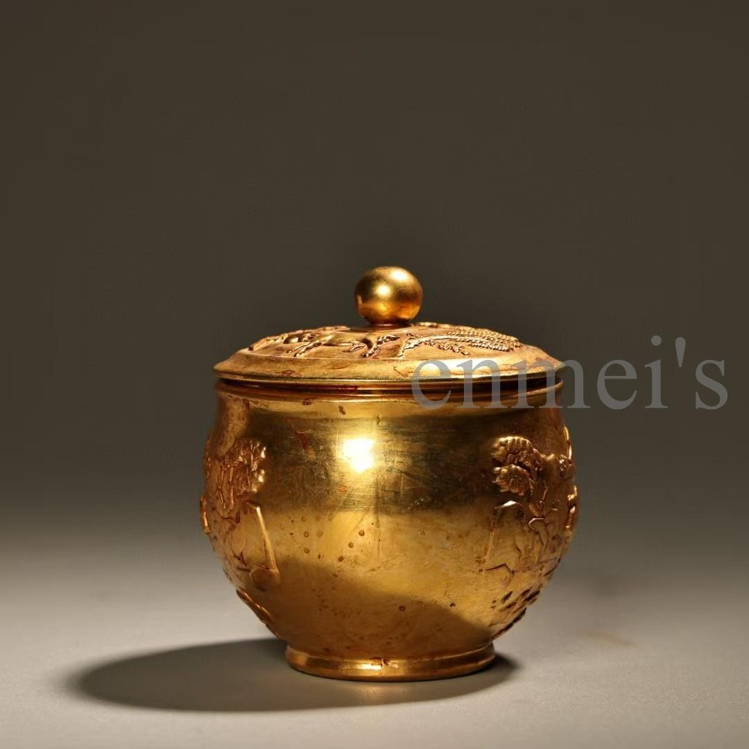 中国古美術・旧蔵純銅製・鎏金浮彫茶杯一対・細密彫・純手作り・高浮彫・置物・茶道具