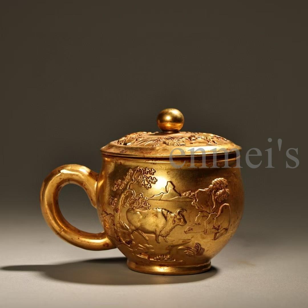 中国古美術・旧蔵純銅製・鎏金浮彫茶杯一対・細密彫・純手作り・高浮彫・置物・茶道具