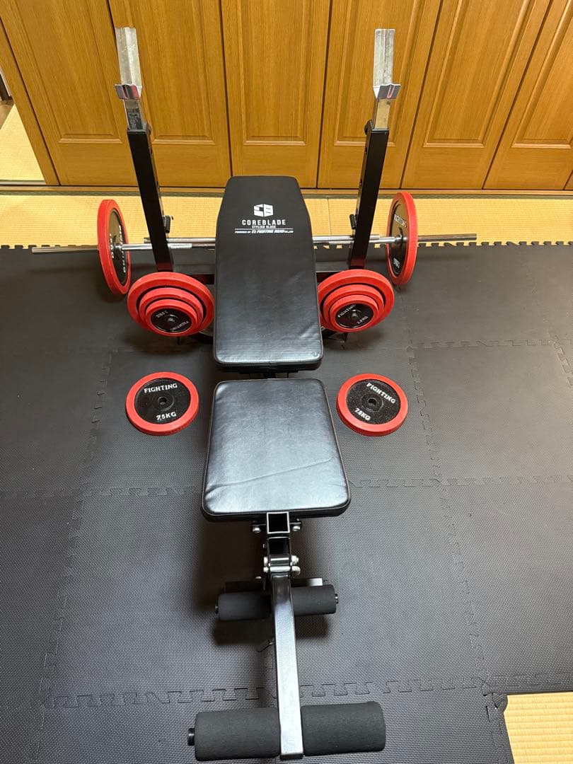 ベンチプレス台+プレート・シャフト100kg+セーフティーバー+マット　セット