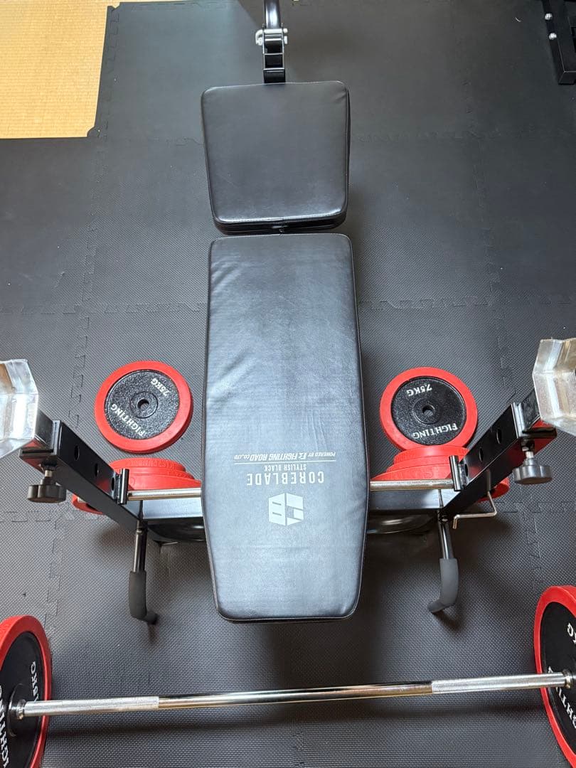 ベンチプレス台+プレート・シャフト100kg+セーフティーバー+マット　セット