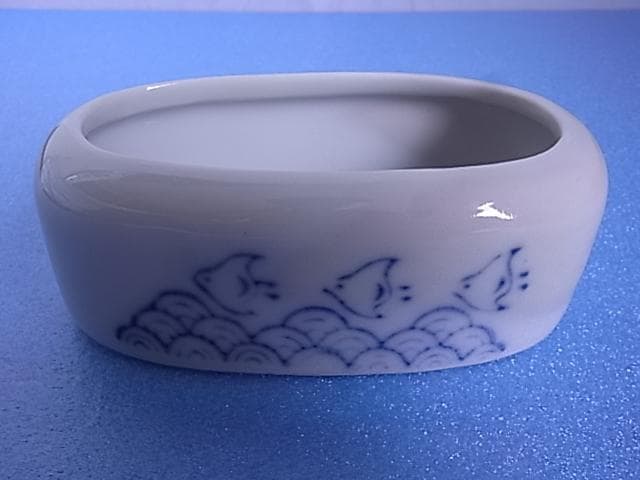 波千鳥　印判手　小物入れ　花器　明治　大正　戦前　小鳥　古民芸　染付　水盤　陶器